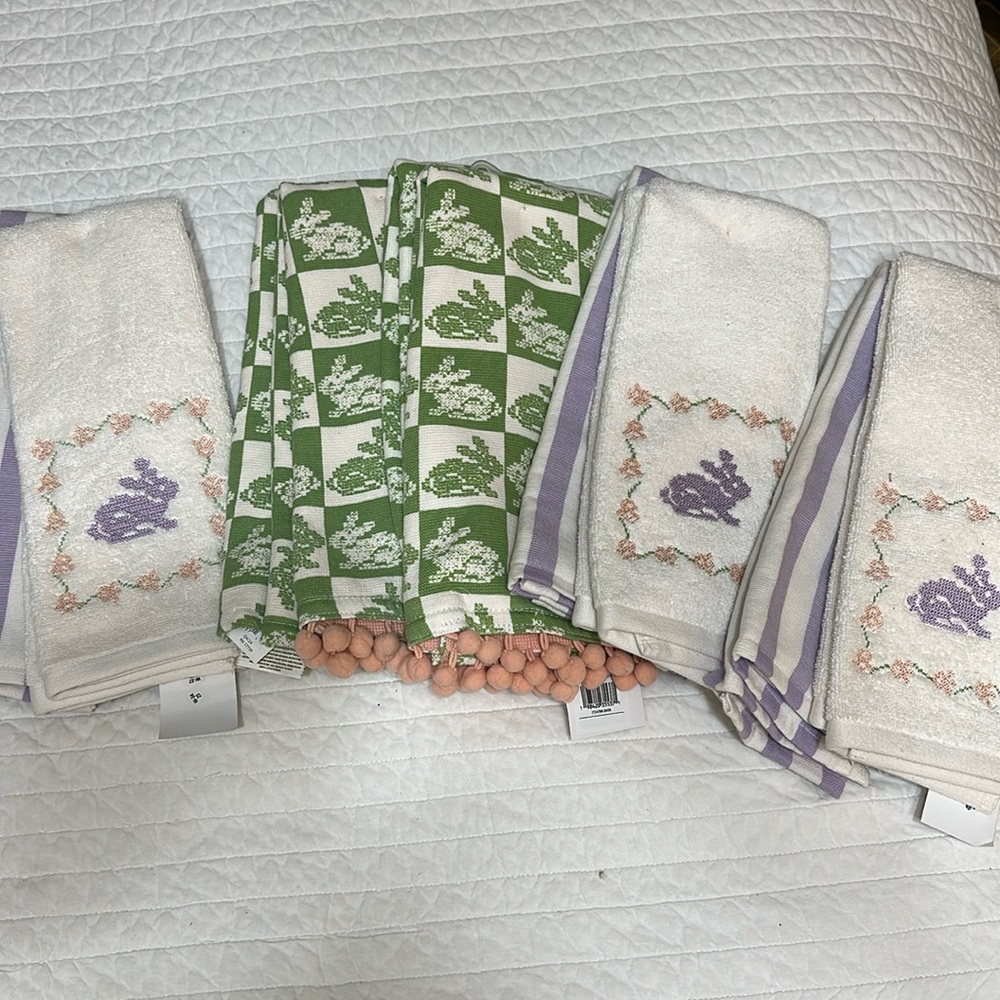 100% cotton kitchen towels , bundle 10 bunnies  pom-poms  cross stitched bunnies